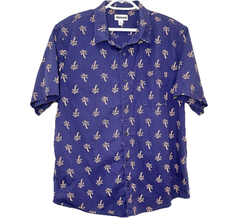 Abound Palm Tree Shirt XL Blue Tropical Button Up Stretch Cotton
